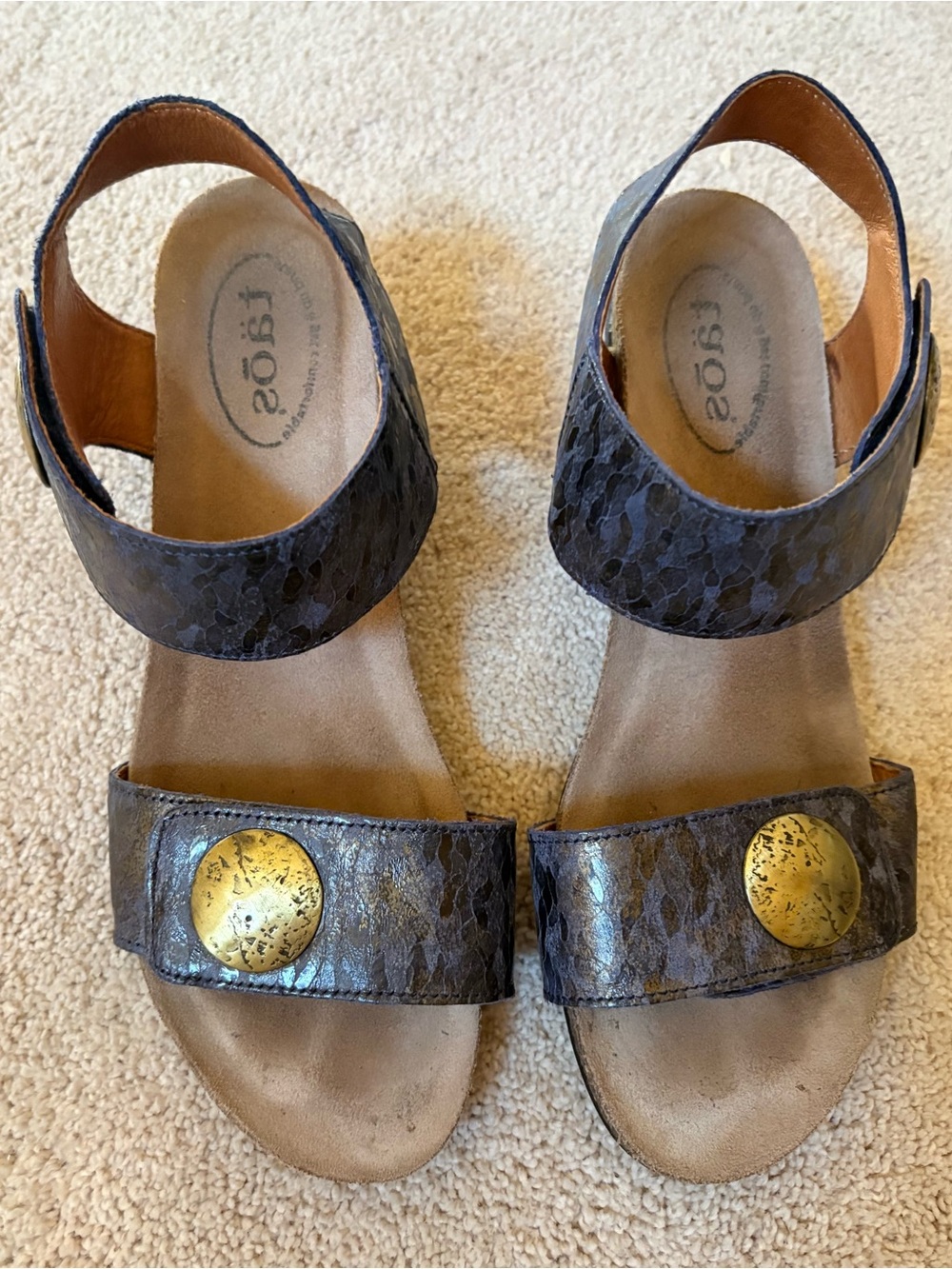 Taos Blue Multi Metallic Two-Strap Wedge Sandals